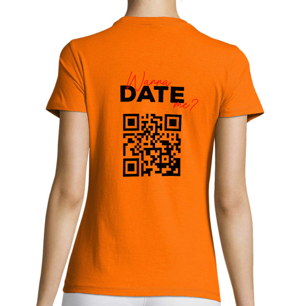 Women's T-shirt "Wanna date me?" with a personalized QR code
