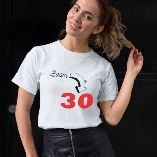 Women's T-shirt "Boom, it's birthday" with your chosen year